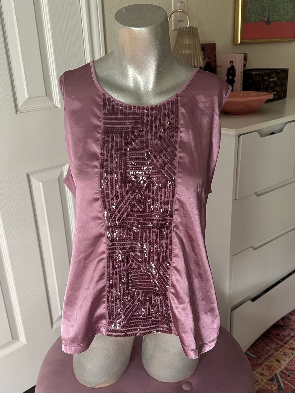 Dana Buchman Y2K Purple Sequin Detail Satin-Feel Top - Picture 1 of 8